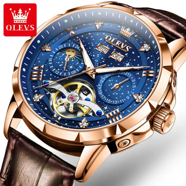 OLEVS 6690 Fashion Luxury Manufacturer Automatic Stainless Steel Moon Phase Waterproof Mechanical Watch for Man belt-Rose Blue