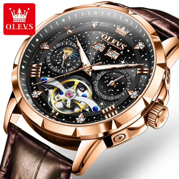 OLEVS 6690 Fashion Luxury Manufacturer Automatic Stainless Steel Moon Phase Waterproof Mechanical Watch for Man belt-Rose black