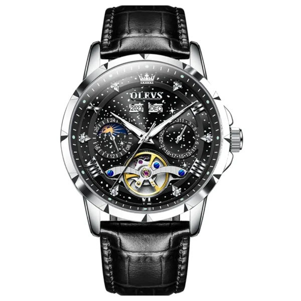 OLEVS 6690 Fashion Luxury Manufacturer Automatic Stainless Steel Moon Phase Waterproof Mechanical Watch for Man belt-Silver Black
