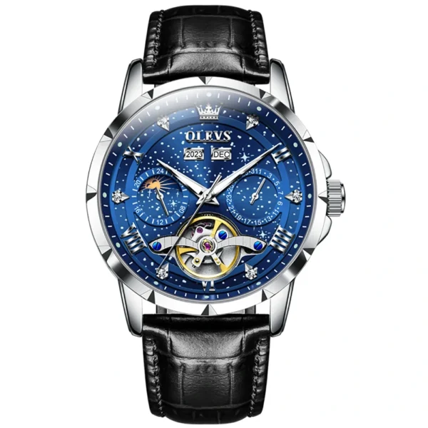 OLEVS 6690 Fashion Luxury Manufacturer Automatic Stainless Steel Moon Phase Waterproof Mechanical Watch for Man belt-Silver Blue