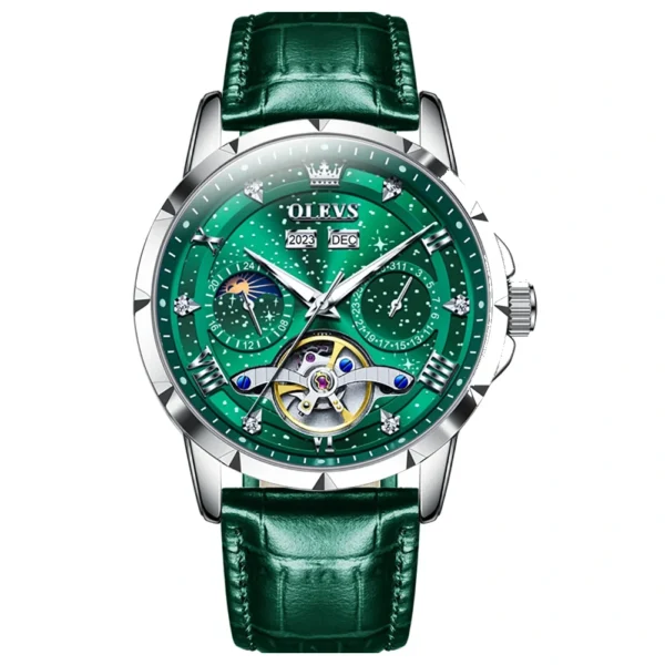 OLEVS 6690 Fashion Luxury Manufacturer Automatic Stainless Steel Moon Phase Waterproof Mechanical Watch for Man belt-Silver Green