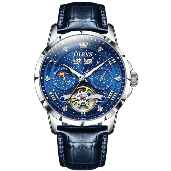 OLEVS 6690 Fashion Luxury Manufacturer Automatic Stainless Steel Moon Phase Waterproof Mechanical Watch for Man belt-blue