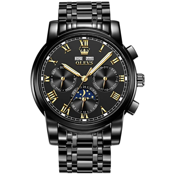 OLEVS 6692 Multifunctional Calendar Classic Luminous Fashion Sports Moon Phase Mechanical Watch for Man Black