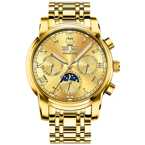 OLEVS 6692 Multifunctional Calendar Classic Luminous Fashion Sports Moon Phase Mechanical Watch for Man GOLD