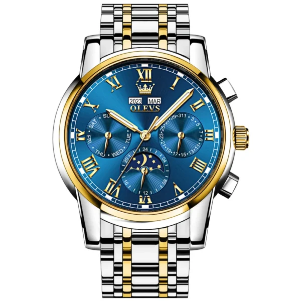 OLEVS 6692 Multifunctional Calendar Classic Luminous Fashion Sports Moon Phase Mechanical Watch for Man GOLDEN BLUE