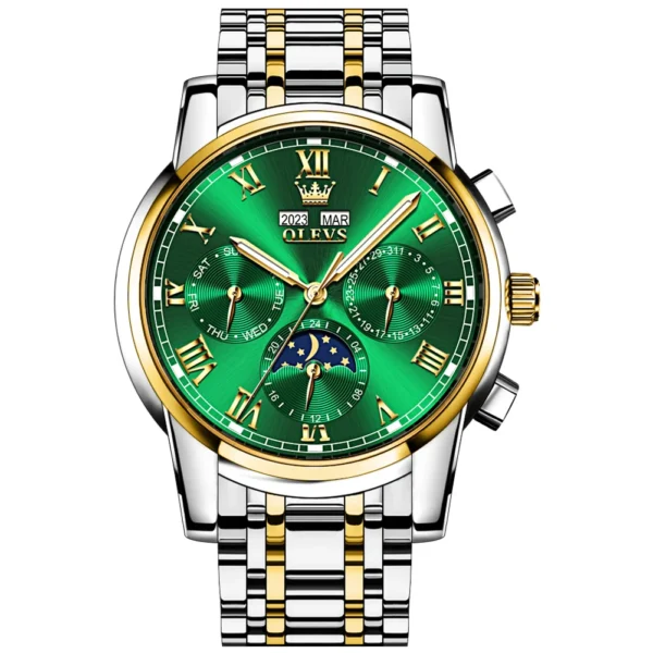 OLEVS 6692 Multifunctional Calendar Classic Luminous Fashion Sports Moon Phase Mechanical Watch for Man GOLDEN GREEN