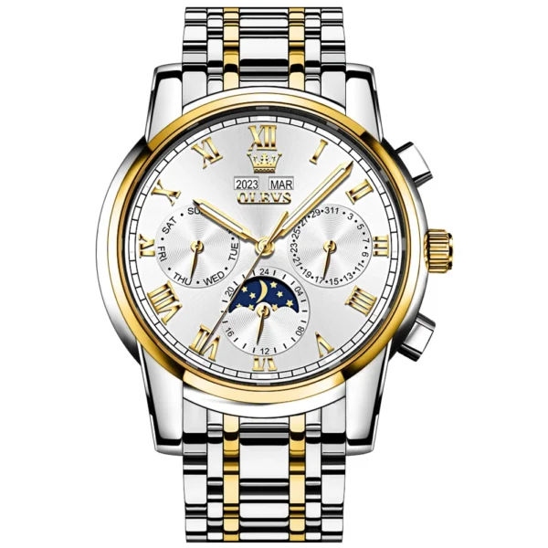OLEVS 6692 Multifunctional Calendar Classic Luminous Fashion Sports Moon Phase Mechanical Watch for Man Golden White