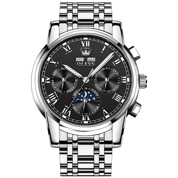 OLEVS 6692 Multifunctional Calendar Classic Luminous Fashion Sports Moon Phase Mechanical Watch for Man SILVER BLACK
