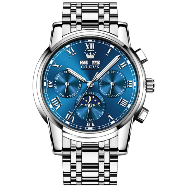 OLEVS 6692 Multifunctional Calendar Classic Luminous Fashion Sports Moon Phase Mechanical Watch for Man SILVER BLUE