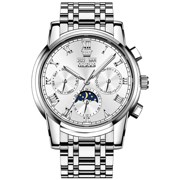 OLEVS 6692 Multifunctional Calendar Classic Luminous Fashion Sports Moon Phase Mechanical Watch for Man silvery white