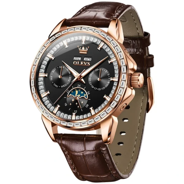 OLEVS 6695 Multifunctional Design Luminous Waterproof Fashion Leather Luxury Automatic Mechanical Watch for Man ROSE BLACK