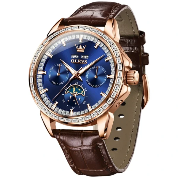 OLEVS 6695 Multifunctional Design Luminous Waterproof Fashion Leather Luxury Automatic Mechanical Watch for Man ROSE BLUE
