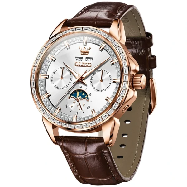 OLEVS 6695 Multifunctional Design Luminous Waterproof Fashion Leather Luxury Automatic Mechanical Watch for Man ROSE WHITE