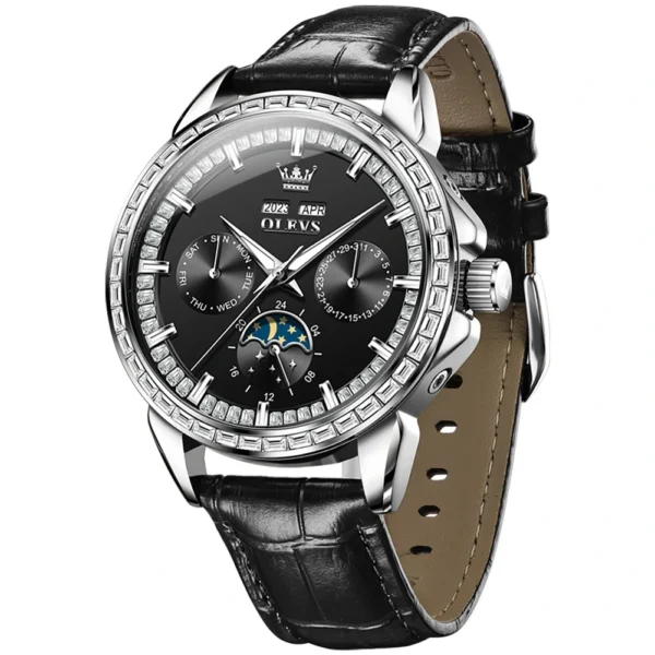 OLEVS 6695 Multifunctional Design Luminous Waterproof Fashion Leather Luxury Automatic Mechanical Watch for Man SILVER BLACK