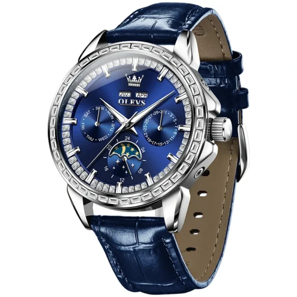 OLEVS 6695 Multifunctional Design Luminous Waterproof Fashion Leather Luxury Automatic Mechanical Watch for Man SILVER BLUE