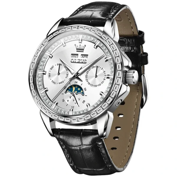 OLEVS 6695 Multifunctional Design Luminous Waterproof Fashion Leather Luxury Automatic Mechanical Watch for Man silvery white