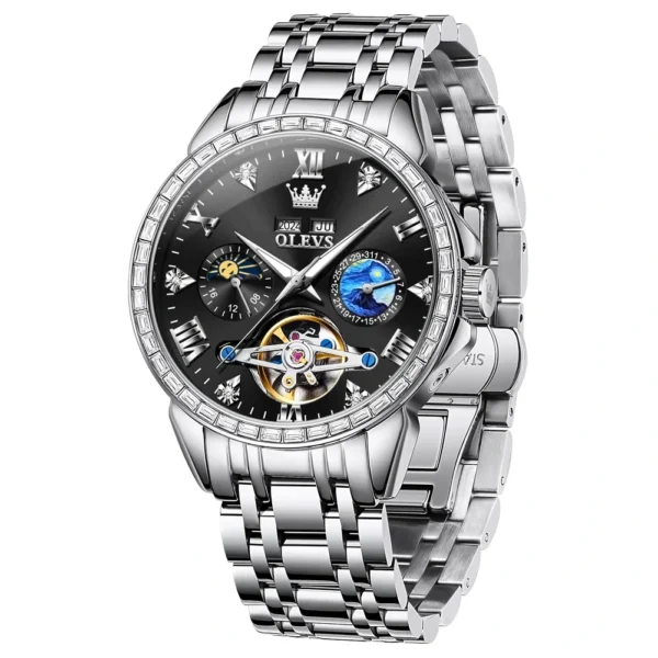 OLEVS 6712 New Design Brand Automatic Waterproof Diamond Moon Phase Mechanical Mens Watches Wristwatches SILVER BLACK