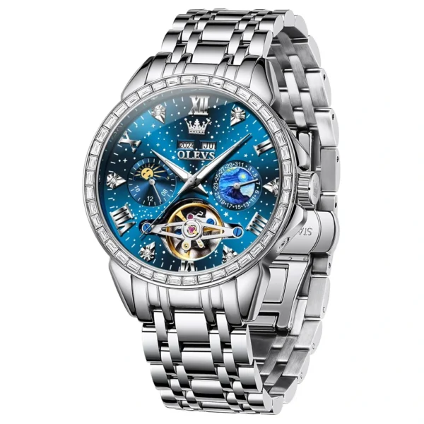 OLEVS 6712 New Design Brand Automatic Waterproof Diamond Moon Phase Mechanical Mens Watches Wristwatches SILVER BLUE