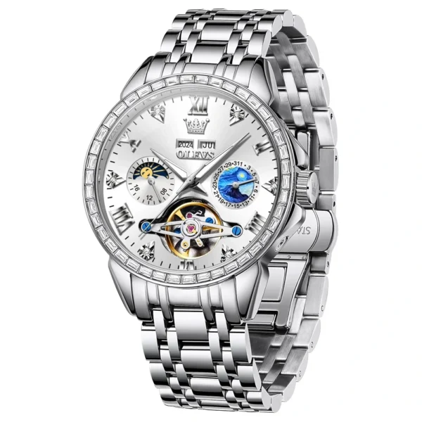OLEVS 6712 New Design Brand Automatic Waterproof Diamond Moon Phase Mechanical Mens Watches Wristwatches silvery white