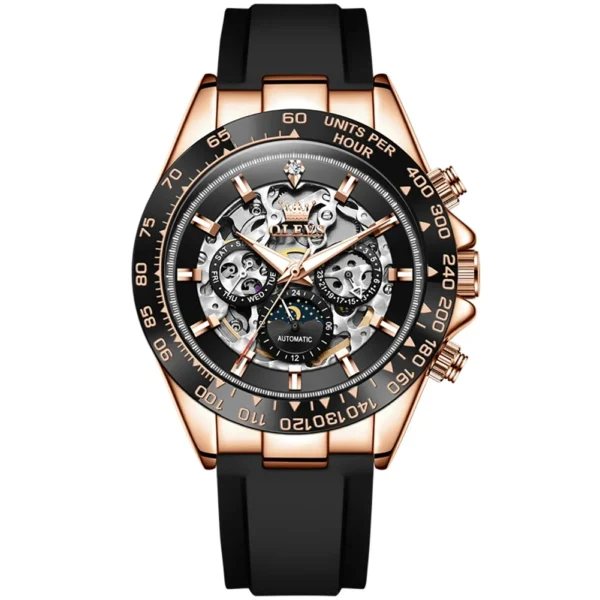 OLEVS 6713 Odm Rubber Strap Hollow Skeleton Fashion Sports Automatic Moon Phase Mechanical Watch for Man ROSE BLACK