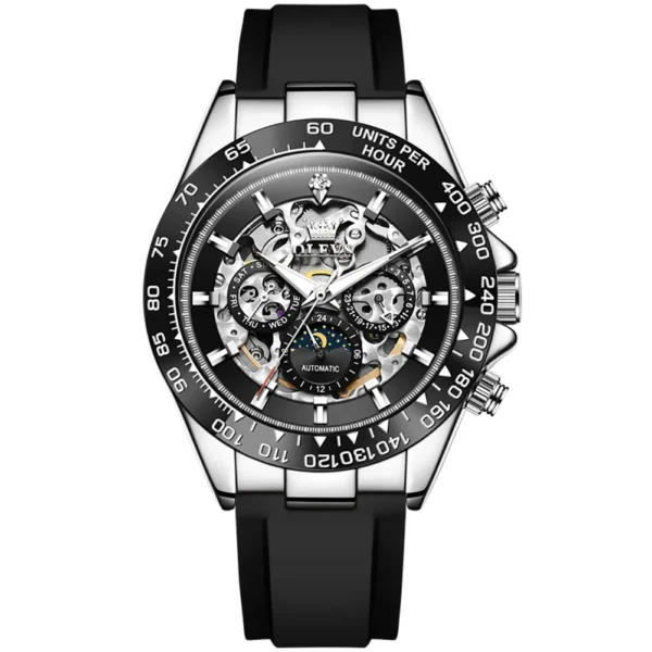 OLEVS 6713 Odm Rubber Strap Hollow Skeleton Fashion Sports Automatic Moon Phase Mechanical Watch for Man SILVER BLACK