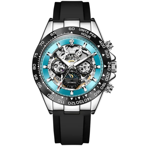 OLEVS 6713 Odm Rubber Strap Hollow Skeleton Fashion Sports Automatic Moon Phase Mechanical Watch for Man SILVER BLUE