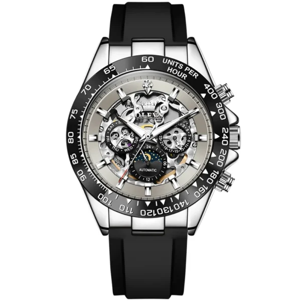 OLEVS 6713 Odm Rubber Strap Hollow Skeleton Fashion Sports Automatic Moon Phase Mechanical Watch for Man silver grey