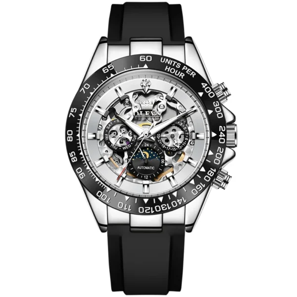OLEVS 6713 Odm Rubber Strap Hollow Skeleton Fashion Sports Automatic Moon Phase Mechanical Watch for Man silvery white