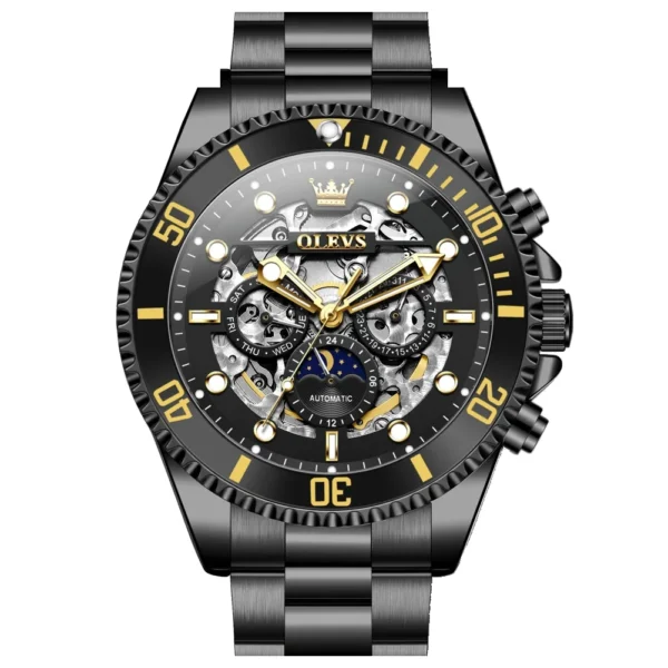 OLEVS 6715 Luxury Watch Bands Hollow Skeleton Waterproof Fashion Sports Luminous Mechanical Watches Men Wrist Black