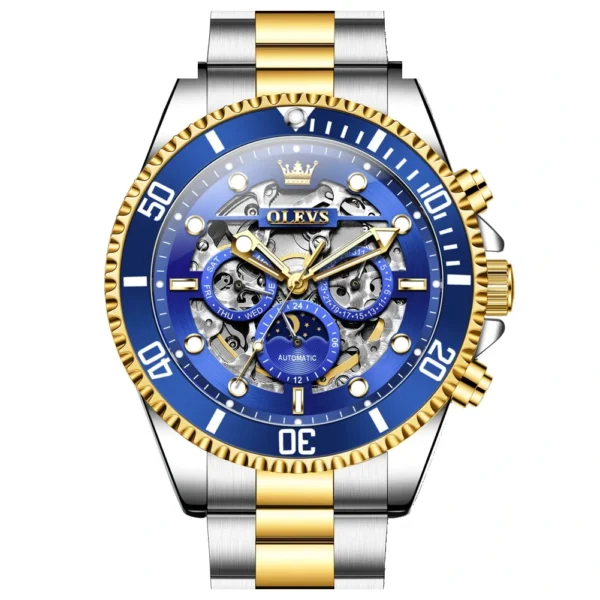 OLEVS 6715 Luxury Watch Bands Hollow Skeleton Waterproof Fashion Sports Luminous Mechanical Watches Men Wrist GOLDEN BLUE