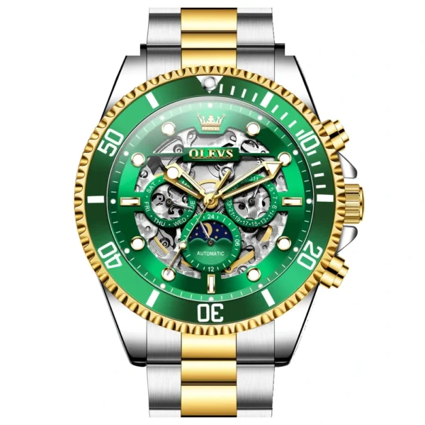 OLEVS 6715 Luxury Watch Bands Hollow Skeleton Waterproof Fashion Sports Luminous Mechanical Watches Men Wrist GOLDEN GREEN