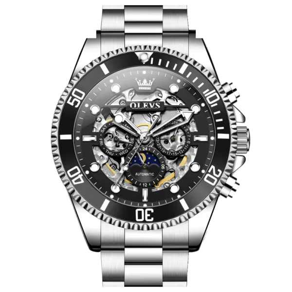 OLEVS 6715 Luxury Watch Bands Hollow Skeleton Waterproof Fashion Sports Luminous Mechanical Watches Men Wrist SILVER BLACK