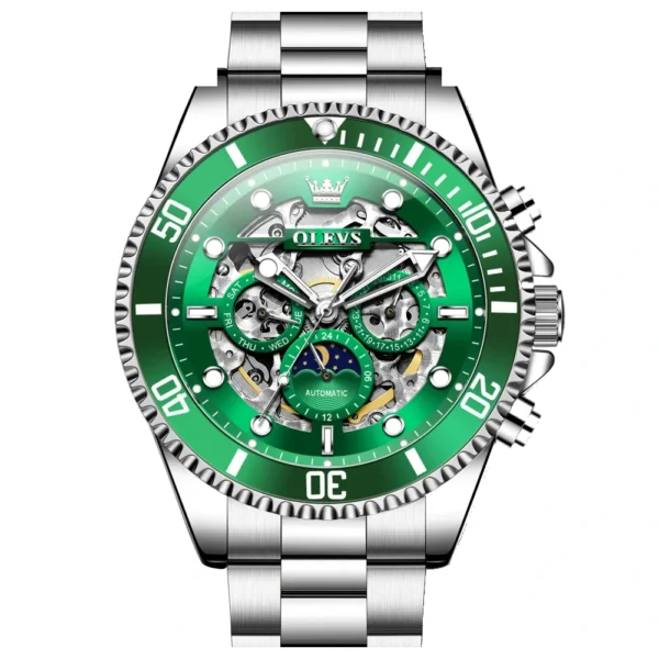 OLEVS 6715 Luxury Watch Bands Hollow Skeleton Waterproof Fashion Sports Luminous Mechanical Watches Men Wrist SILVER GREEN