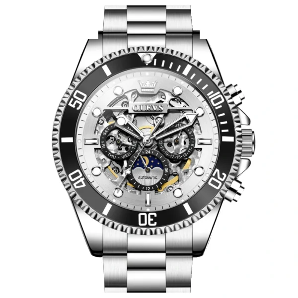 OLEVS 6715 Luxury Watch Bands Hollow Skeleton Waterproof Fashion Sports Luminous Mechanical Watches Men Wrist silvery white