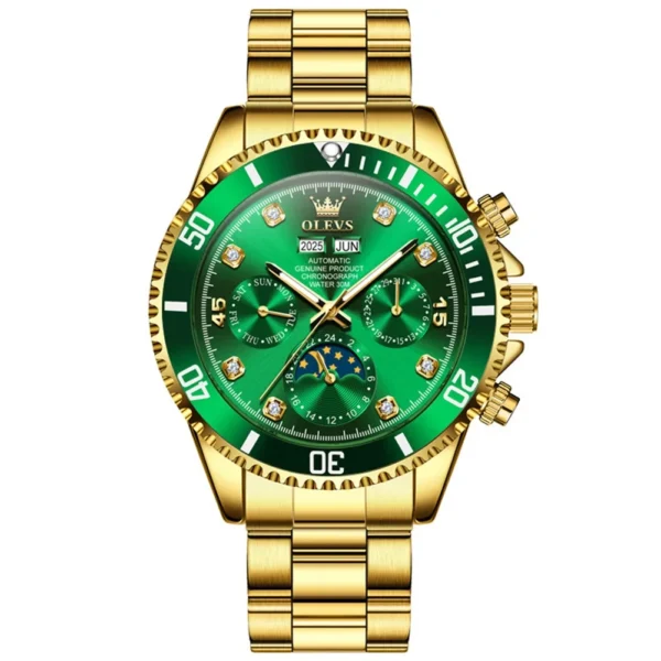 OLEVS 6729 High Quality Luxury Bands Multi Functional Mechanical Watch for Man Luxury Men's Watches GOLDEN GREEN