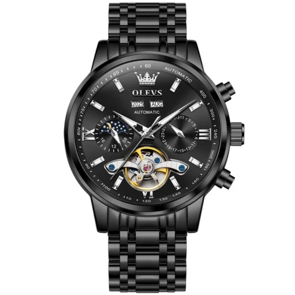 OLEVS 6740 Luxury Hot Moon Phase Bands Waterproof Stainless Steel Hollow Design Automatic Luminous Man Mechanical Watch Black