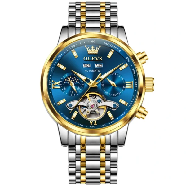 OLEVS 6740 Luxury Hot Moon Phase Bands Waterproof Stainless Steel Hollow Design Automatic Luminous Man Mechanical Watch GOLD BLUE