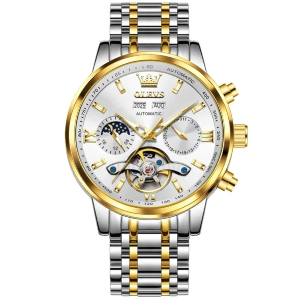 OLEVS 6740 Luxury Hot Moon Phase Bands Waterproof Stainless Steel Hollow Design Automatic Luminous Man Mechanical Watch Gold White