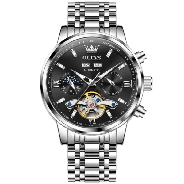 OLEVS 6740 Luxury Hot Moon Phase Bands Waterproof Stainless Steel Hollow Design Automatic Luminous Man Mechanical Watch SILVER BLACK