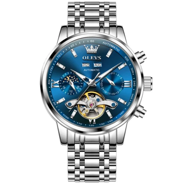 OLEVS 6740 Luxury Hot Moon Phase Bands Waterproof Stainless Steel Hollow Design Automatic Luminous Man Mechanical Watch SILVER BLUE