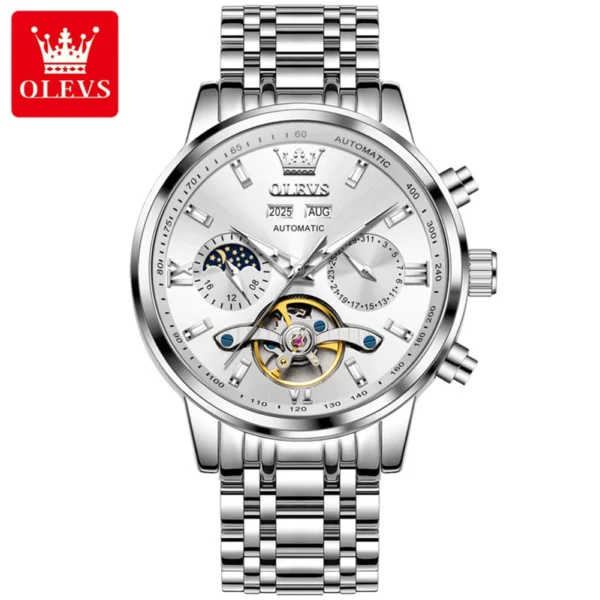 OLEVS 6740 Luxury Hot Moon Phase Bands Waterproof Stainless Steel Hollow Design Automatic Luminous Man Mechanical Watch SILVER WHITE