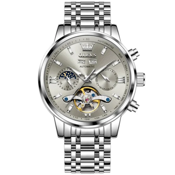 OLEVS 6740 Luxury Hot Moon Phase Bands Waterproof Stainless Steel Hollow Design Automatic Luminous Man Mechanical Watch Silver-gray