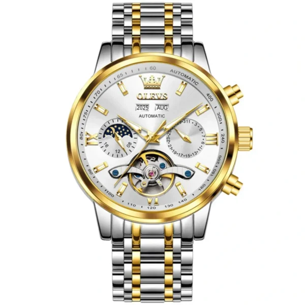 OLEVS 6740 Luxury Hot Moon Phase Bands Waterproof Stainless Steel Hollow Design Automatic Luminous Man Mechanical Watch