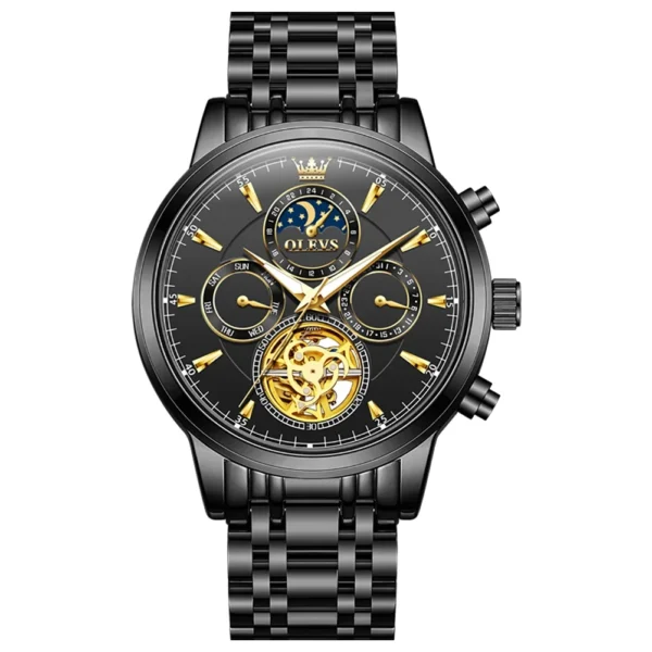 OLEVS 6746 Luxury Designer Fashion Automatic Moon Phase Watch Waterproof Mechanical Luminous Watch for Man Black