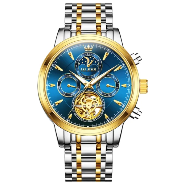 OLEVS 6746 Luxury Designer Fashion Automatic Moon Phase Watch Waterproof Mechanical Luminous Watch for Man GOLD BLUE