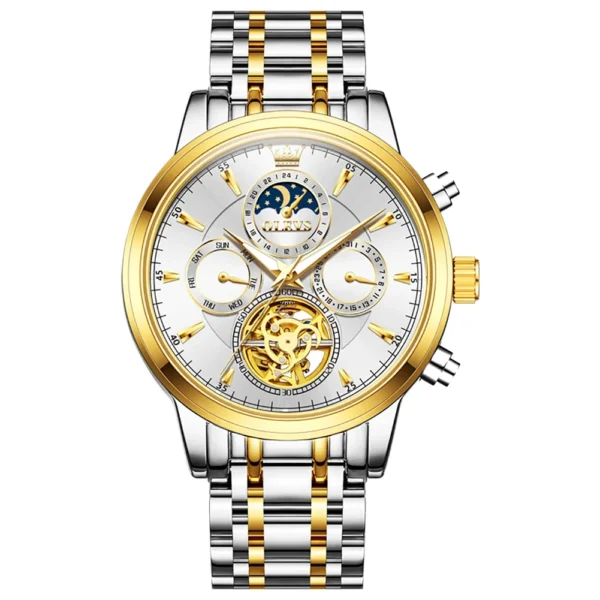 OLEVS 6746 Luxury Designer Fashion Automatic Moon Phase Watch Waterproof Mechanical Luminous Watch for Man Gold White