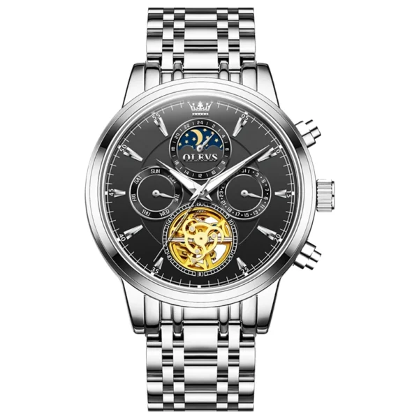 OLEVS 6746 Luxury Designer Fashion Automatic Moon Phase Watch Waterproof Mechanical Luminous Watch for Man silver-black