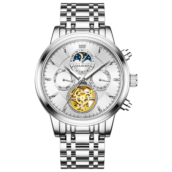 OLEVS 6746 Luxury Designer Fashion Automatic Moon Phase Watch Waterproof Mechanical Luminous Watch for Man silvery white