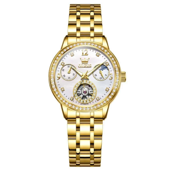 OLEVS 6750 Reloj Bands Stainless Steel Luxury Automatic Moon Phase Lady Watch Mechanical Watch for Woman GOLD