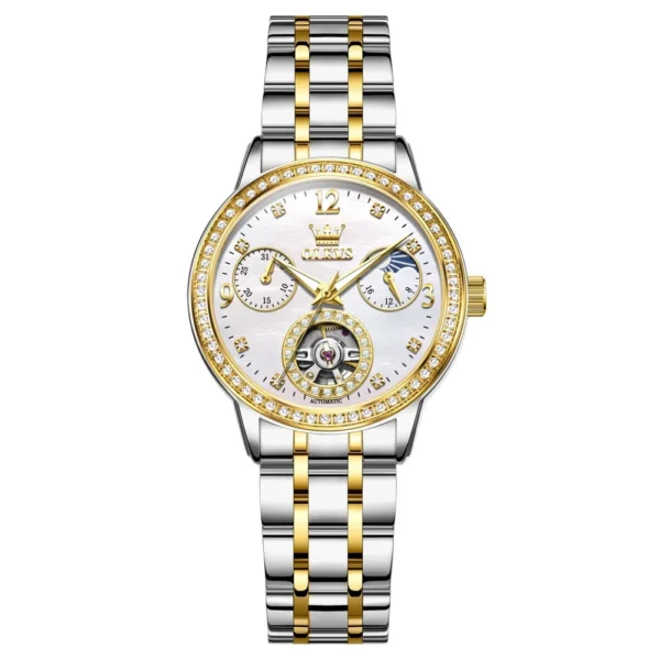 OLEVS 6750 Reloj Bands Stainless Steel Luxury Automatic Moon Phase Lady Watch Mechanical Watch for Woman Gold White